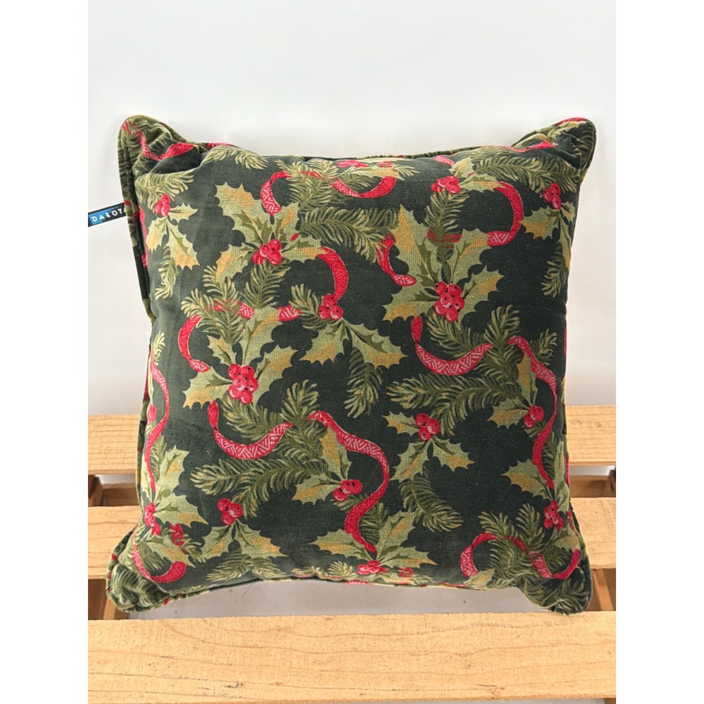 Dakota Holiday Christmas Holly Berry Velvet Throw Pillow Green Red 14x14 Decor